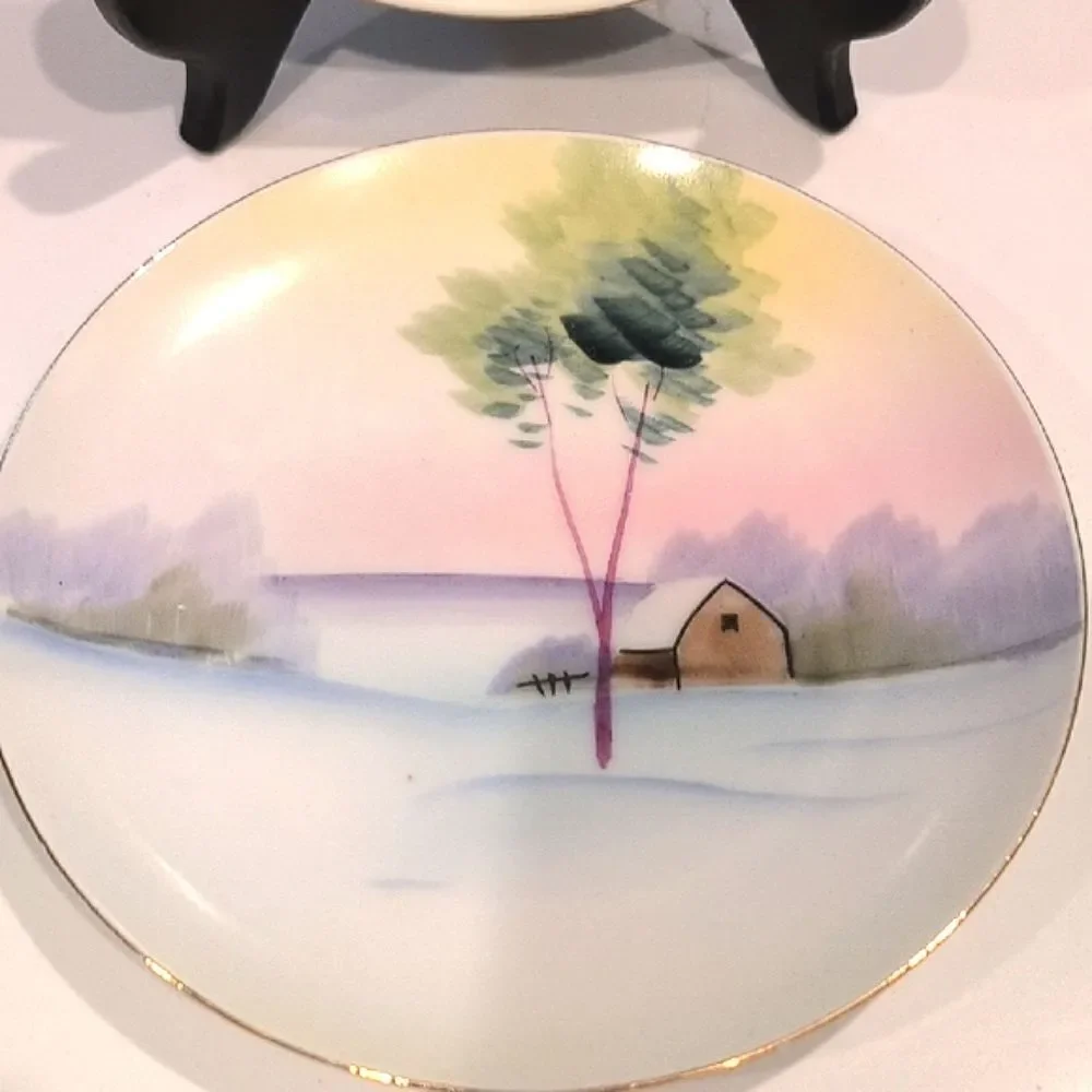 Vintage Mieto China Hand Painted Pastel Landscape Plates Set of 2 Made in Japan